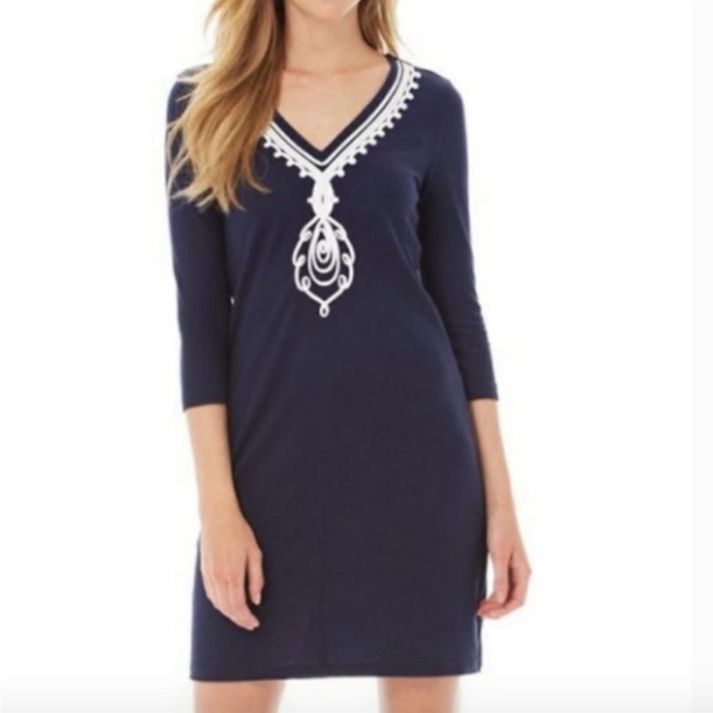 Lilly Pulitzer Tidewater Tunic Dress 3/4 Sleeves Nautical Navy Sz XS